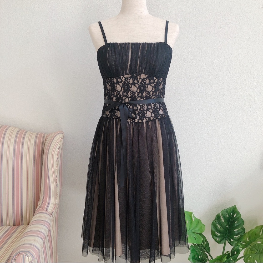 WHBM Black Lace Tulle Overlay Dress With Waist Tie